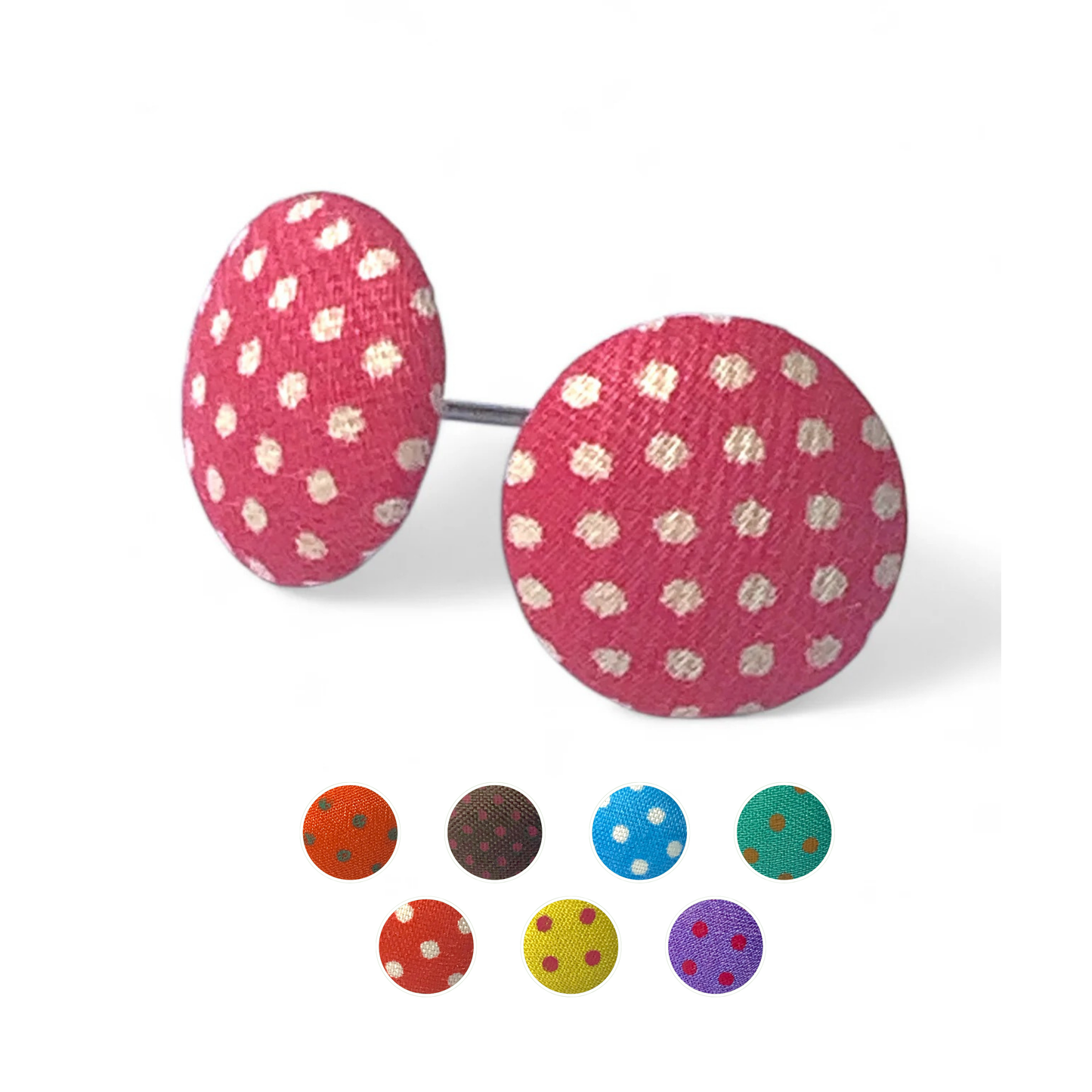 Polka Dot Fabric Button Stud Earrings, Handmade Colourful Studs