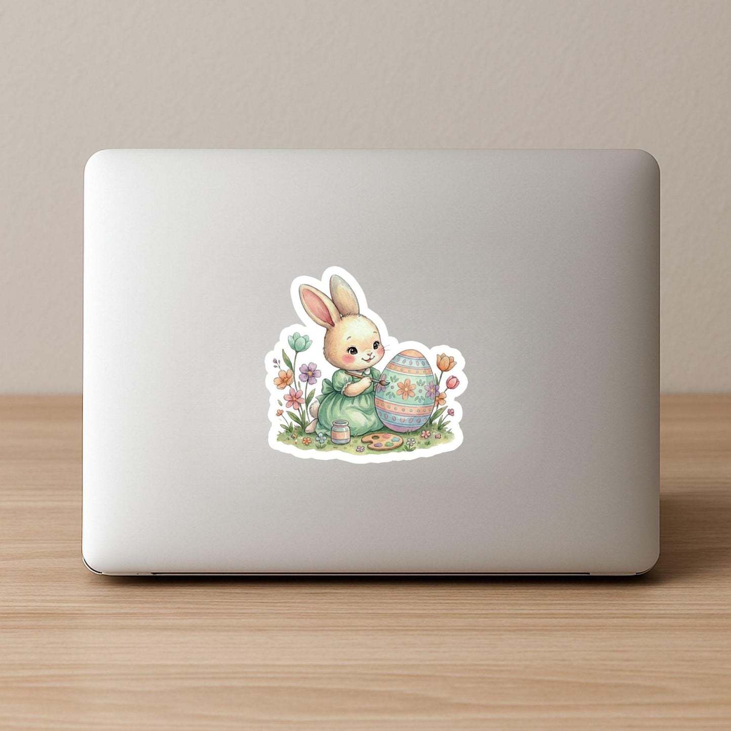 Easter Bunny Painting Spring Floral | Easter Decal | White Vinyl | Die-Cut Sticker