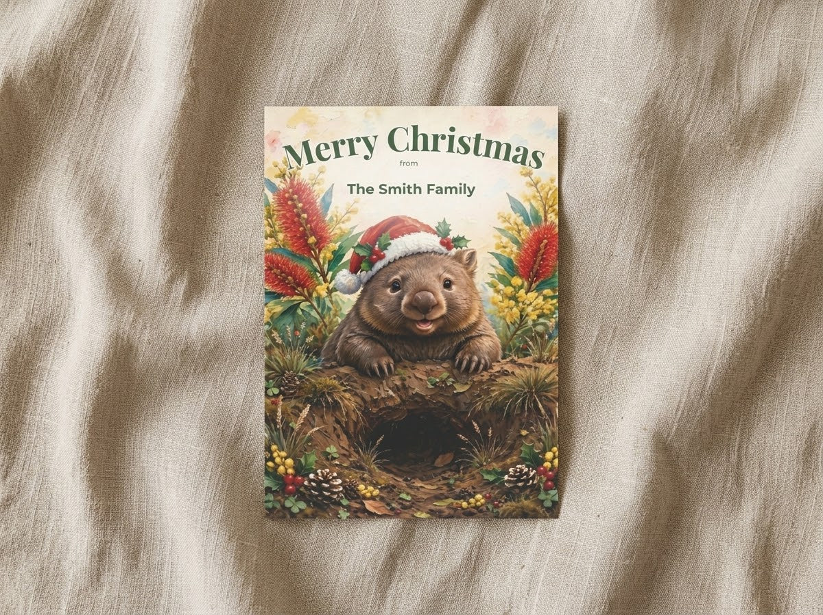 Australian Animals Christmas Flat Greeting / Note Cards 5-Pack | Wombat, Kangaroo, Kookaburra, Platypus & Koala