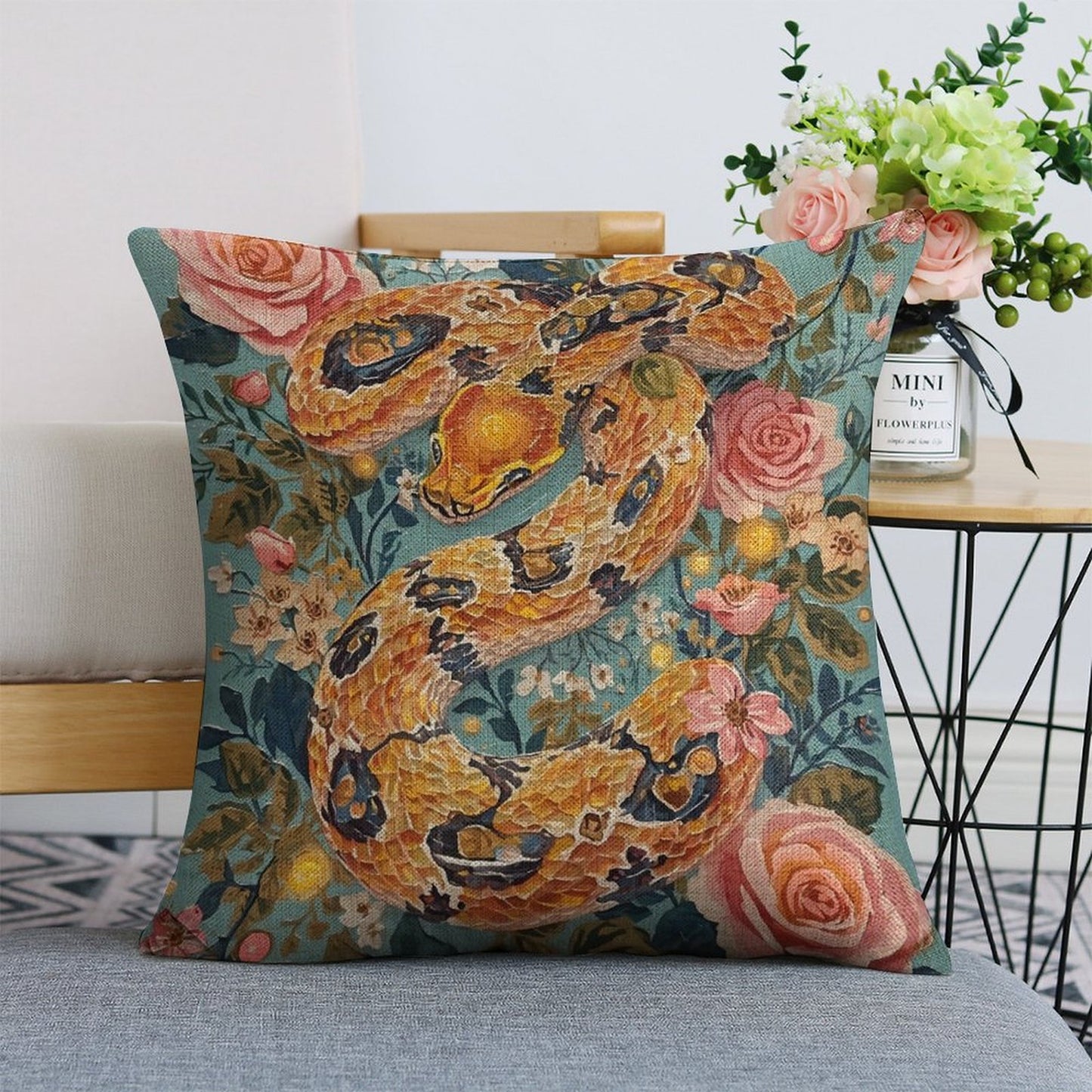 Serpent & Roses Botanical Serpent Illustration Cushion Cover — US-Made, Single-Sided Print, 45×45cm
