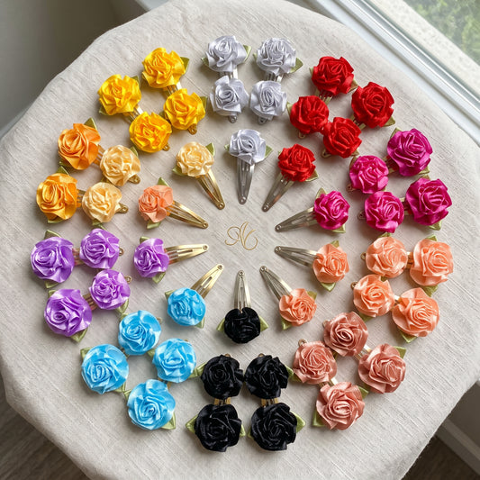 Flower Hair Clips (Set of 2), Handmade Ribbon Rose Snap Clips