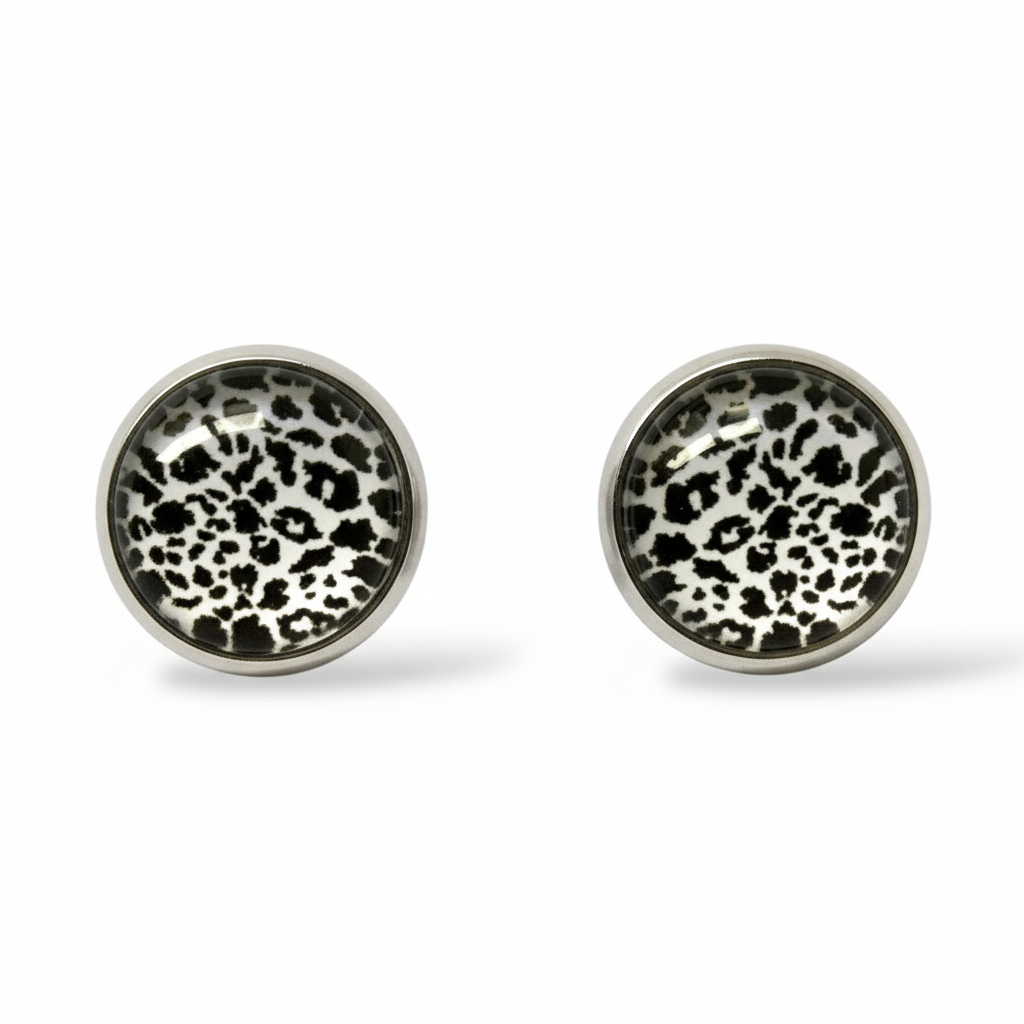 Animal Print Stud Earrings | Silver Tone Glass Dome Studs | 12mm White Snow Leopard