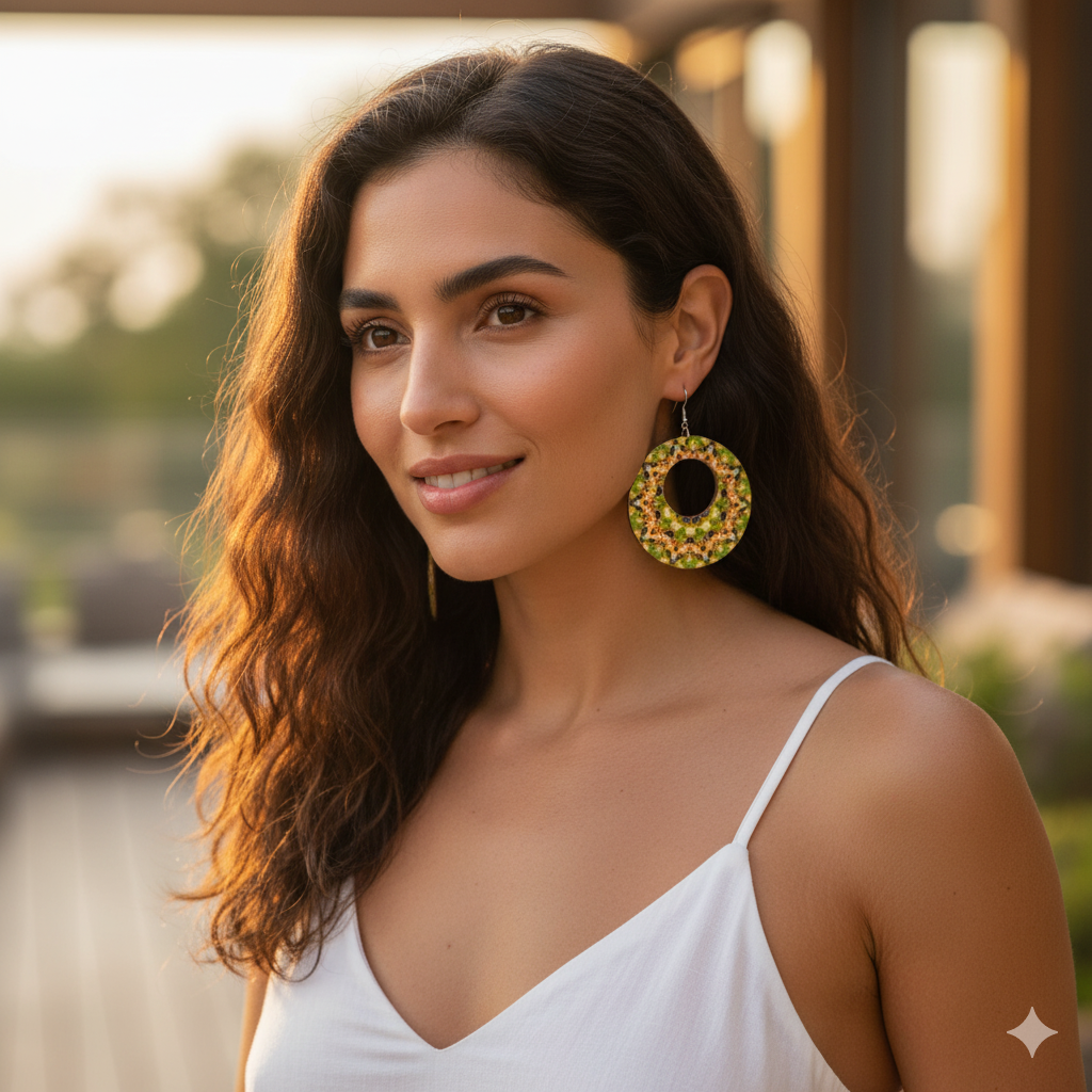 Boho Wooden Drop Earrings | Double-Sided Printed Round Dangles