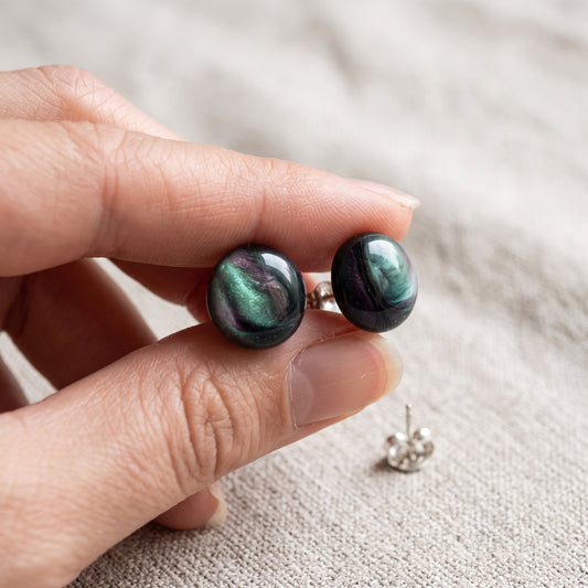 Aurora Borealis Swirl Studs, Handmade Iridescent Dome Earrings