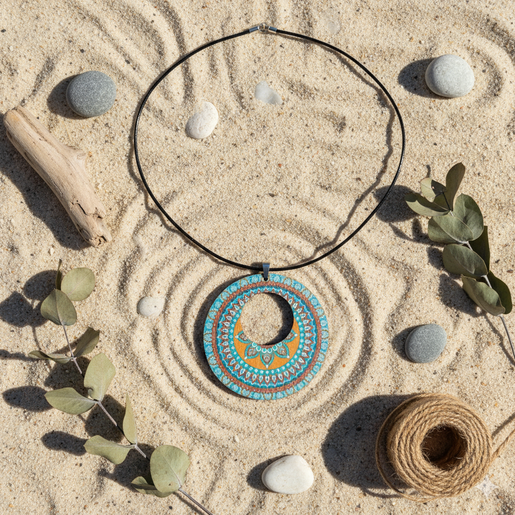 Boho Wooden Pendant Necklace | Printed Round Necklace | 10 Designs