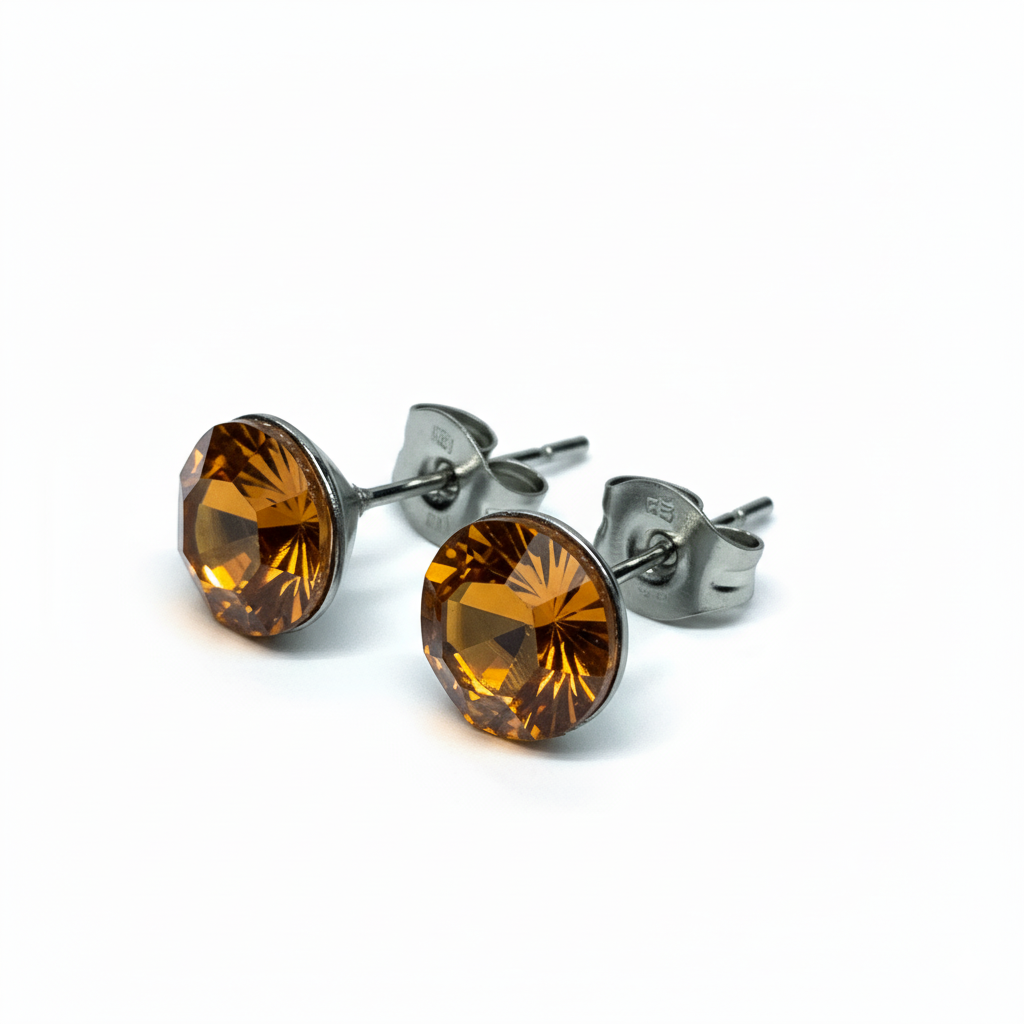 Crystal Stud Earrings | Stainless Steel Glass Crystal Studs | 8mm Yellow