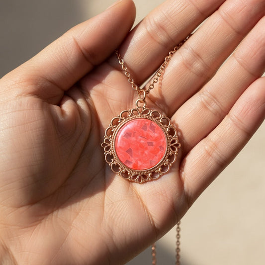 Coral Glitter Filigree Necklace, Handmade Rose Gold Pendant