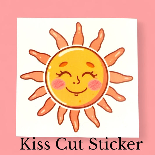 Smiling Sun Retro Face | Kawaii | White Satin Vinyl | Kiss-Cut Sticker
