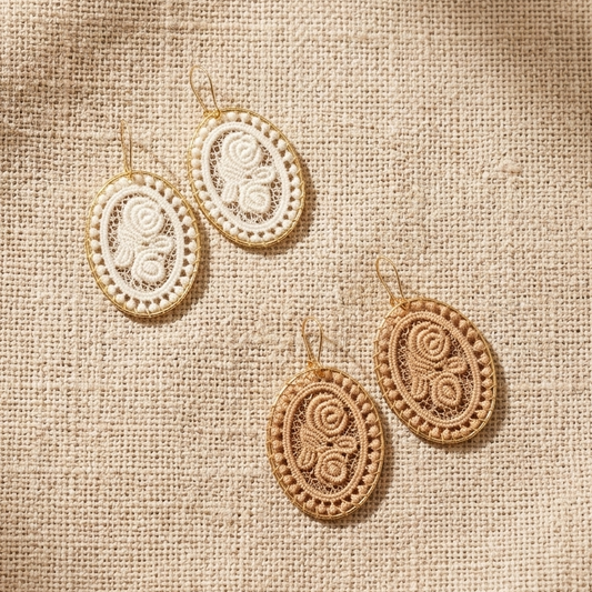 Vintage Lace Rose Oval Earrings, Handmade Woven Statement Drops