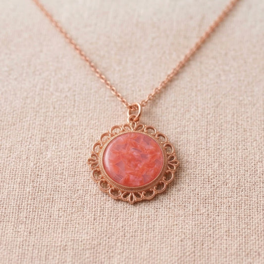 Coral Glitter Filigree Necklace | Rose Gold Pendant Necklace | 45cm
