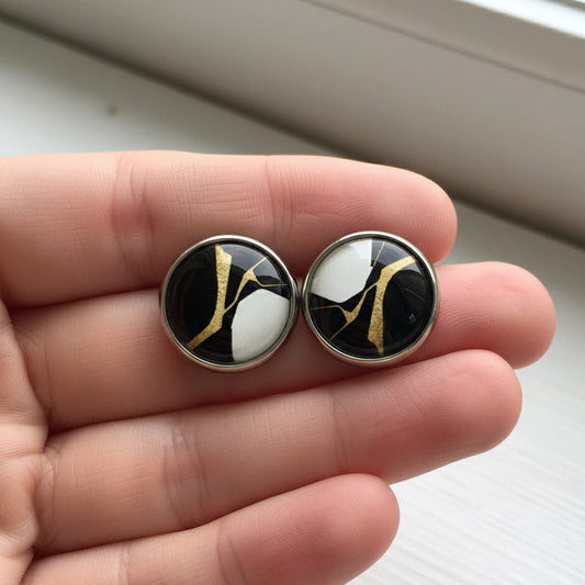 Geometric Artwork Stud Earrings, Handmade Colourful Glass Cabochon Studs