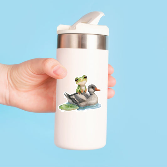 Frog Riding Duck Pond Friends | Cottagecore | White Vinyl | Die-Cut Sticker