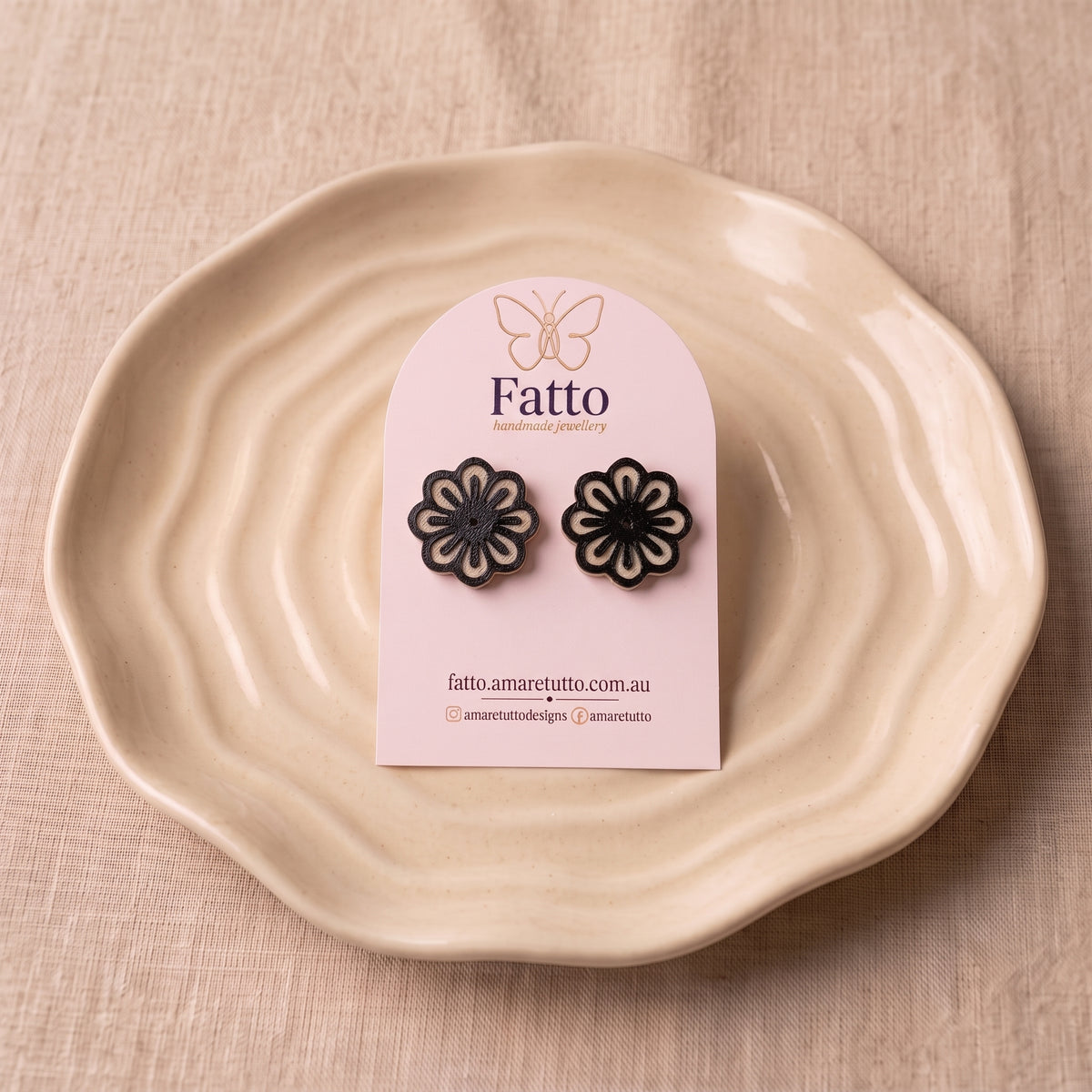 Black and Nude Flower Stud Earrings | Lightweight PLA Studs | 20mm