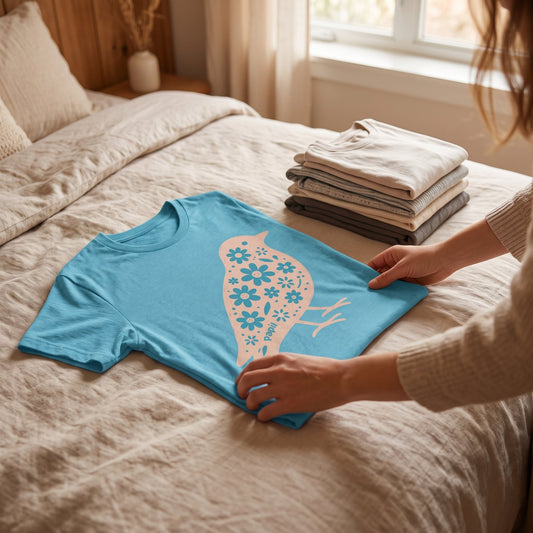 Folding a floral bird-print graphic tee next to a neatly folded laundry pile
