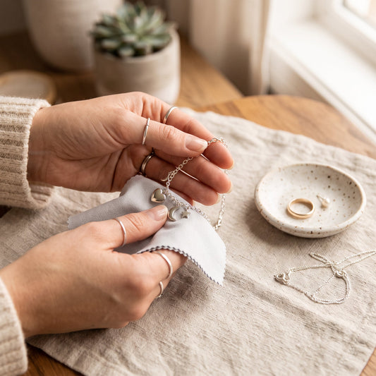 Hands gently cleaning a silver charm bracelet and necklace with a soft cloth