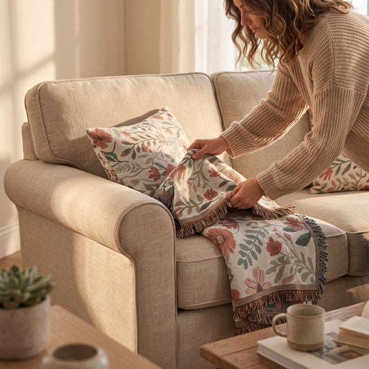Fluffing a wildflower-patterned woven throw blanket over a linen sofa