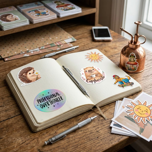 Applying a cottagecore vinyl sticker to a journal cover