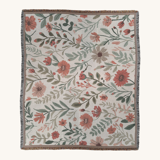 Rustic wildflower woven throw blanket, cottagecore floral design