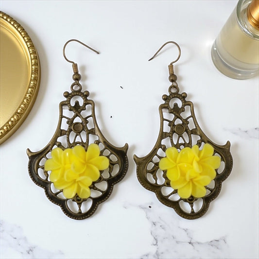 Antique bronze floral drop earrings, alternate angle