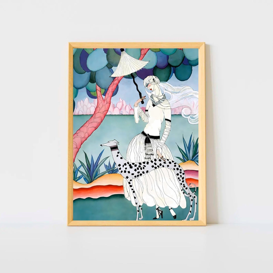 Art nouveau lady and spotted hound digital wall art print