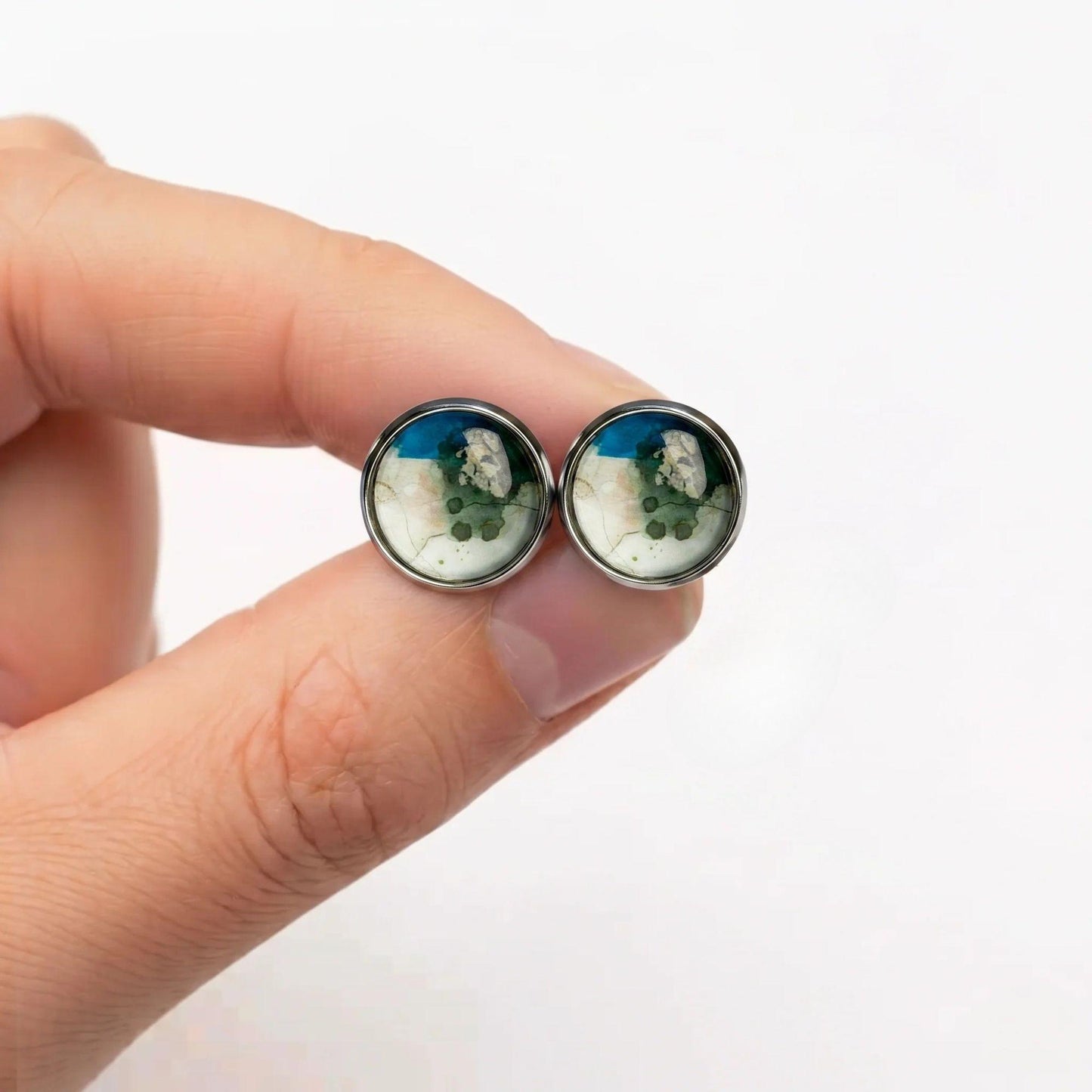 Geometric Artwork Stud Earrings, Handmade Colourful Glass Cabochon Studs