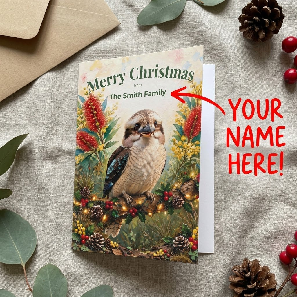 Personalised Australian Animals Christmas Folded Greeting Cards 5-Pack | Wombat, Kangaroo, Kookaburra, Platypus & Koala