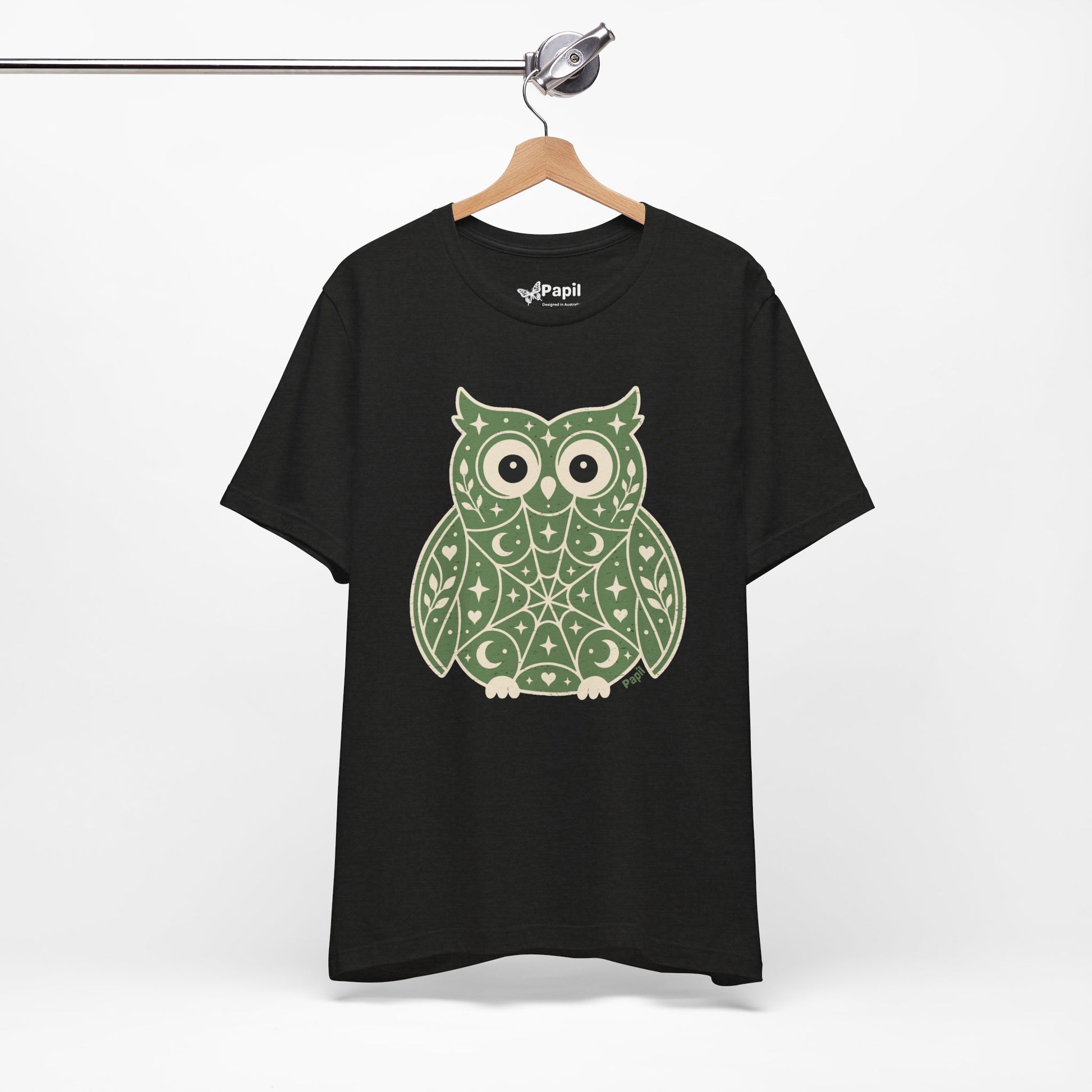 Enchanted Owl Halloween Tee, Whimsical Woodland Graphic (Green)
