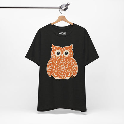 Enchanted Owl Halloween Tee, Whimsical Woodland Graphic (Orange)