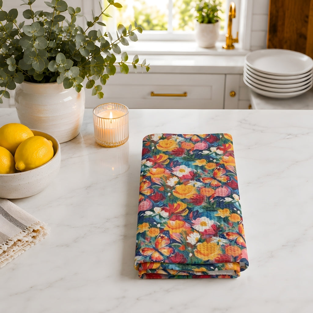 Butterfly Garden Floral Tea Towel | Quick-Dry Microfibre Kitchen Towel