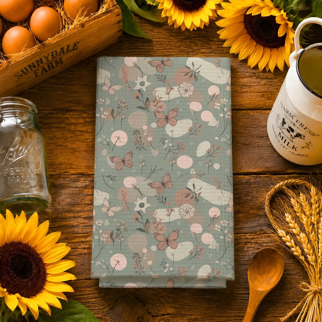 Sage Butterfly & Dandelion Tea Towel | Quick-Dry Microfibre Kitchen Towel