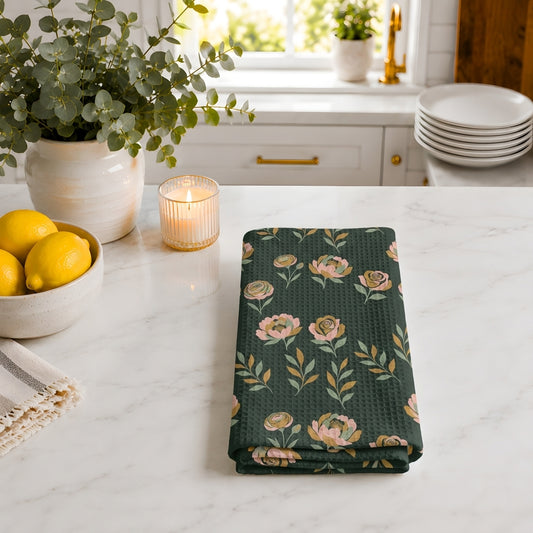 Moody Peony & Rose Floral Tea Towel | Quick-Dry Microfibre Kitchen Towel