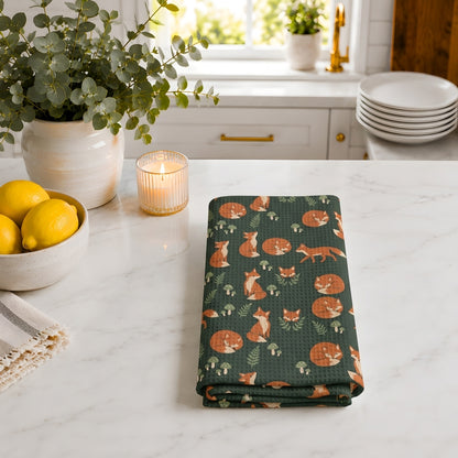 Woodland Fox & Mushroom Tea Towel | Quick-Dry Microfibre Kitchen Towel