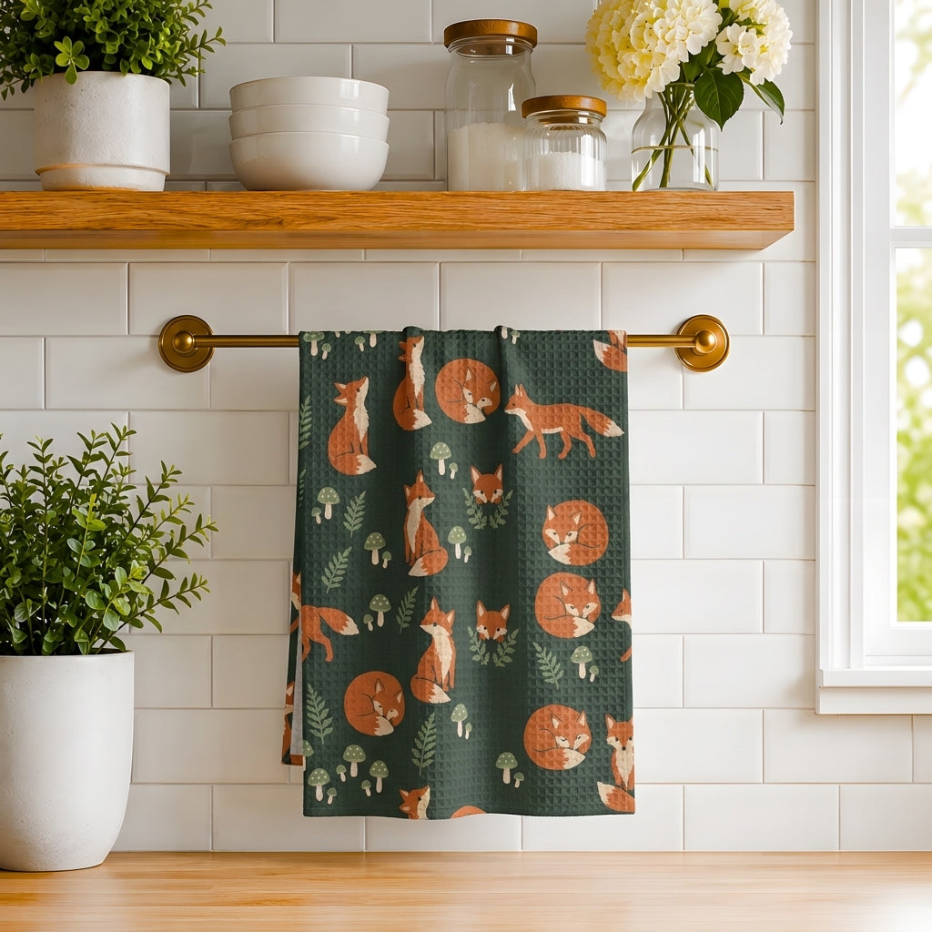 Woodland Fox & Mushroom Tea Towel | Quick-Dry Microfibre Kitchen Towel
