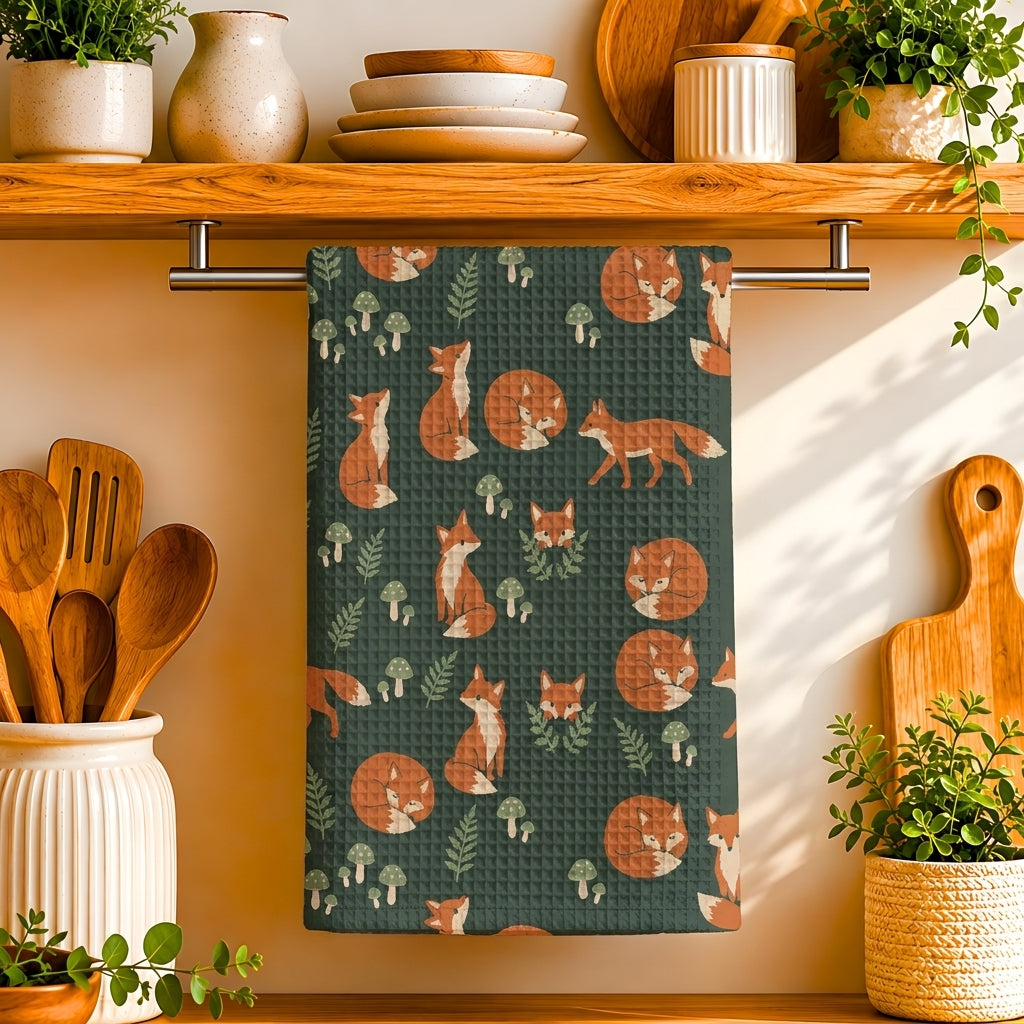 Woodland Fox & Mushroom Tea Towel | Quick-Dry Microfibre Kitchen Towel