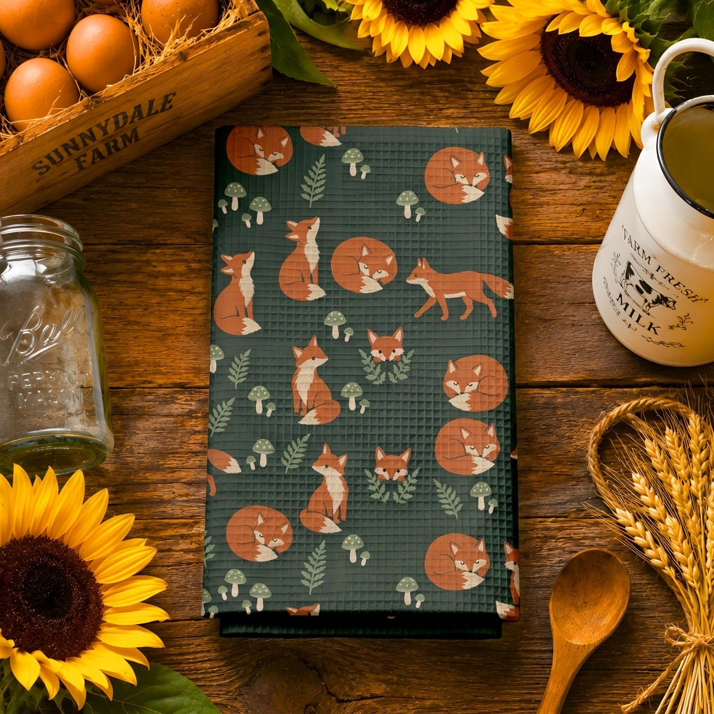 Woodland Fox & Mushroom Tea Towel | Quick-Dry Microfibre Kitchen Towel
