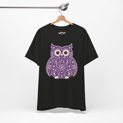 Enchanted Owl Halloween Tee, Whimsical Woodland Graphic (Purple)