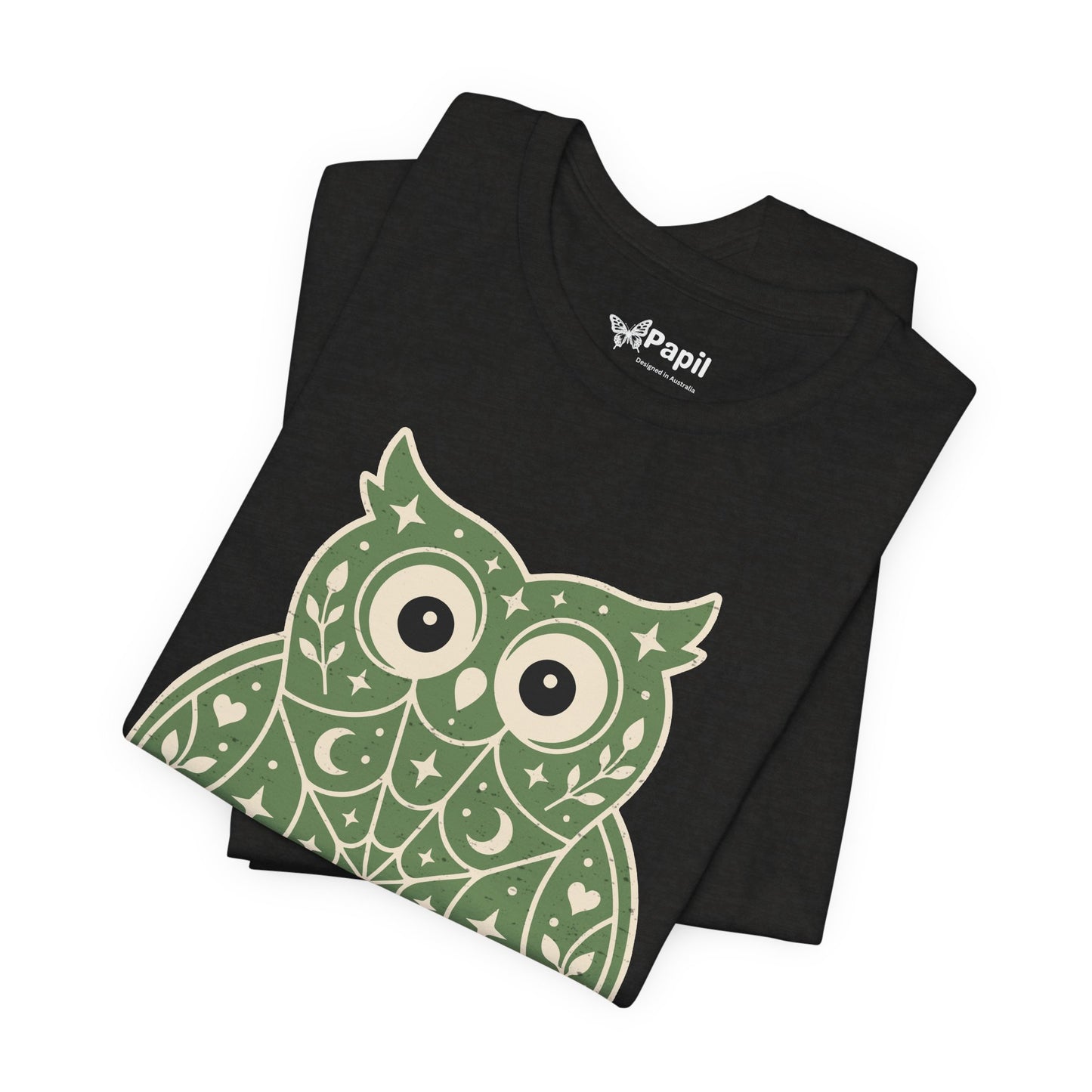 Enchanted Owl Halloween Tee, Whimsical Woodland Graphic (Green)