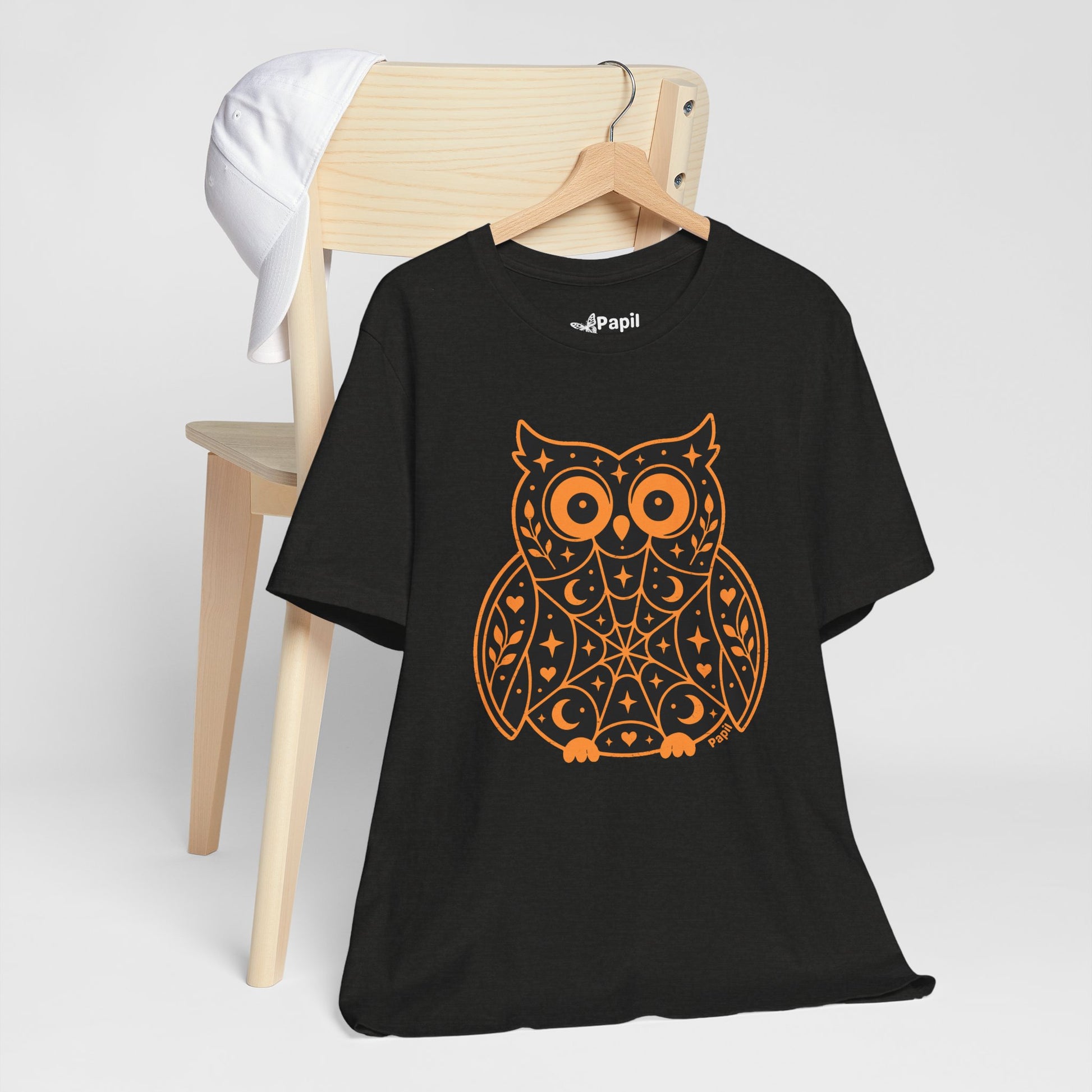 Enchanted Owl Halloween Tee, Whimsical Woodland Graphic (Black)