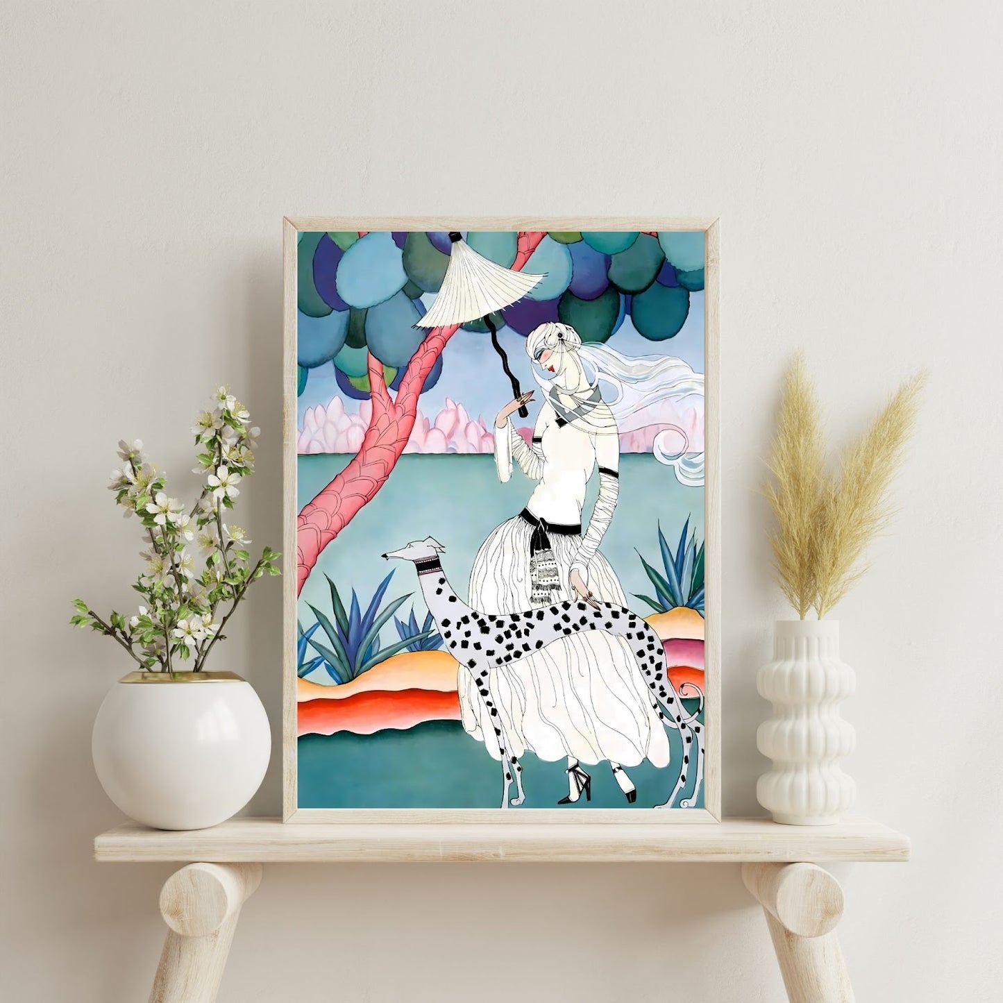 Ms Vogue & Her Spotted Hound Art Deco Wall Art Poster