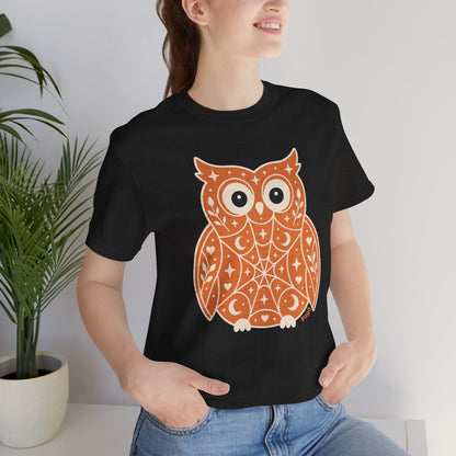 Enchanted Owl Halloween Tee, Whimsical Woodland Graphic (Orange)