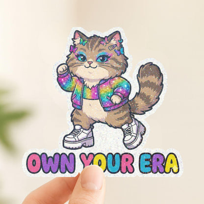 Own Your Era Fashion Cat | Pop Aesthetic | Glitter Vinyl | Die-Cut Sticker