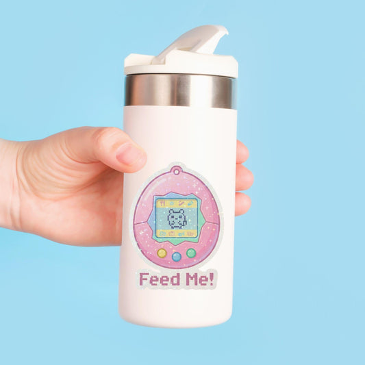 Feed Me Virtual Pet | 90s Retro Gaming | Glitter Vinyl | Die-Cut Sticker