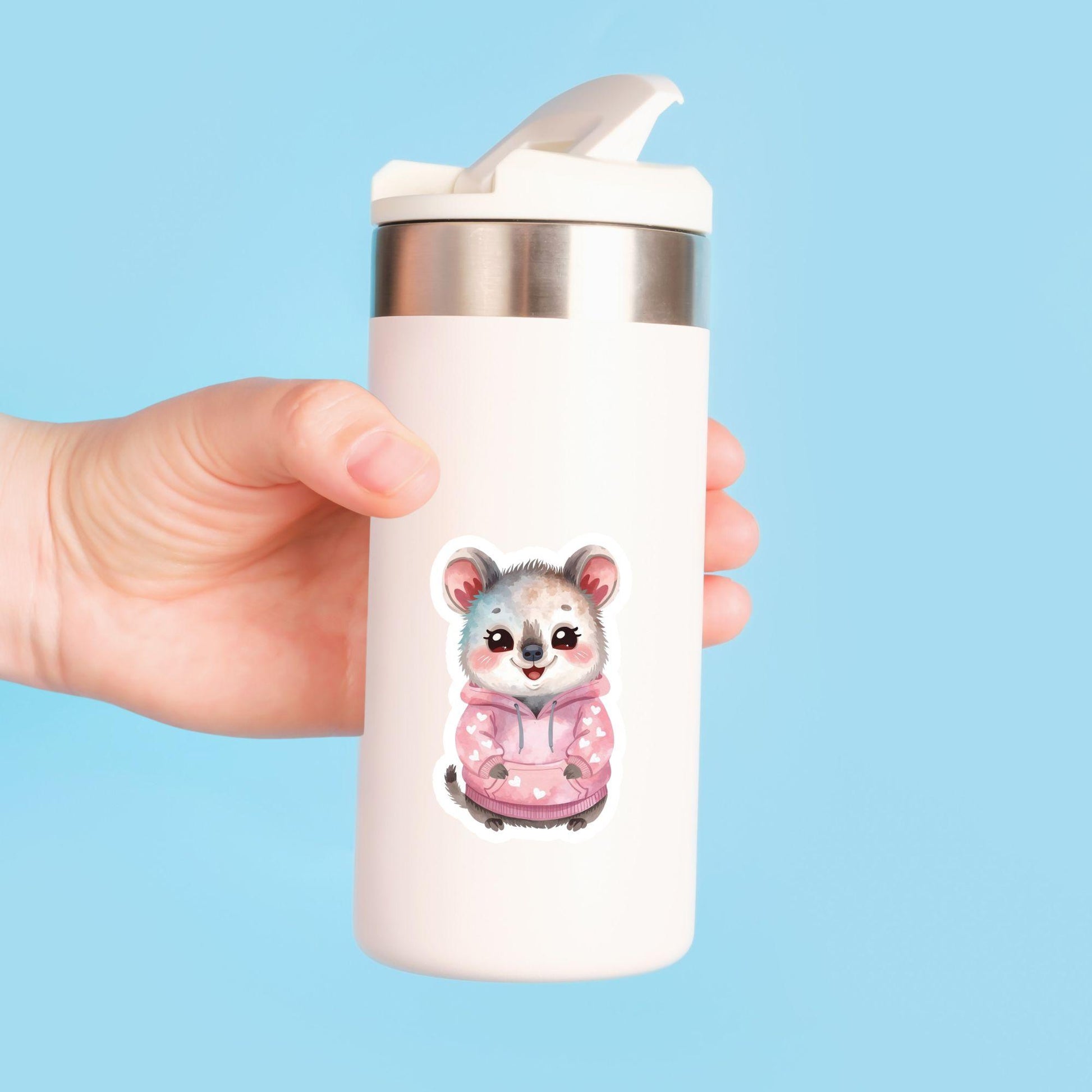 Quokka in Hoodie Pink Hearts | Kawaii | White Gloss Vinyl | Die-Cut Sticker