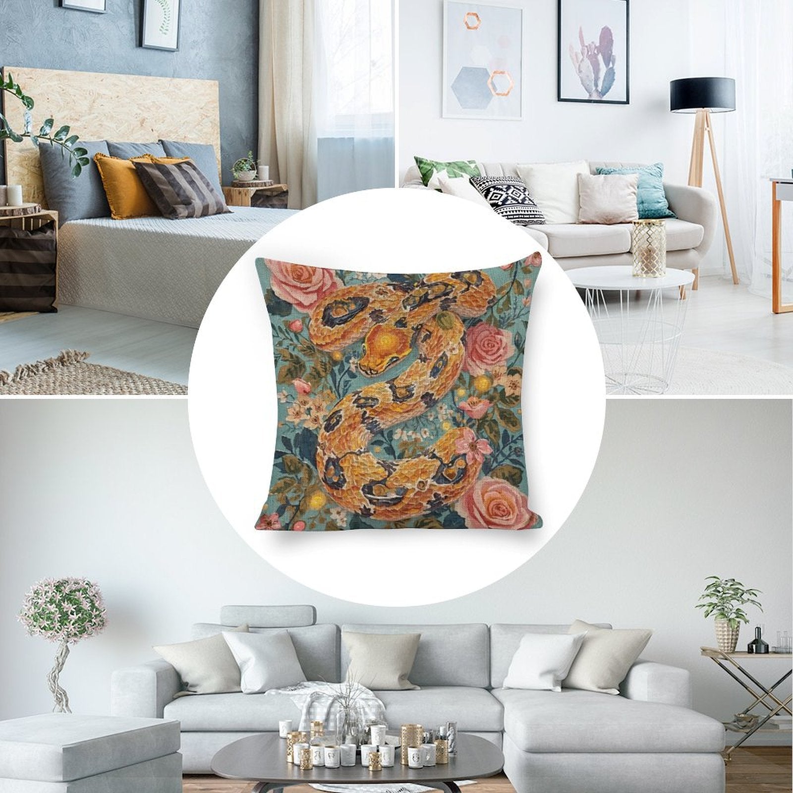 Serpent & Roses Botanical Serpent Illustration Cushion Cover — US-Made, Single-Sided Print, 45×45cm