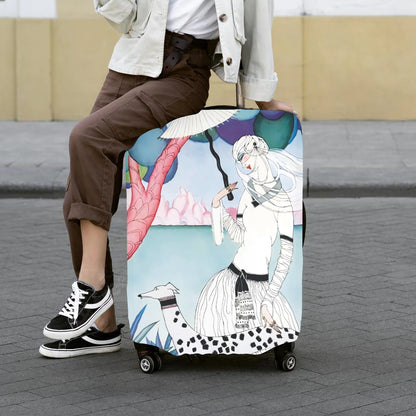 Art Nouveau Lady & Spotted Hound Luggage Cover | Whimsical Illustrated Travel Protector | Stylish Suitcase Cover