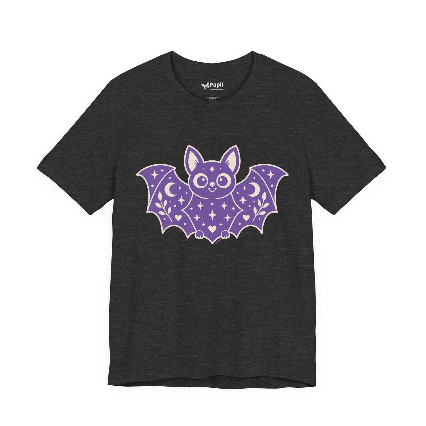 Soft But Spooky — Cute Halloween Bat Graphic Tee Purple Bat Dark Grey Heather Tee