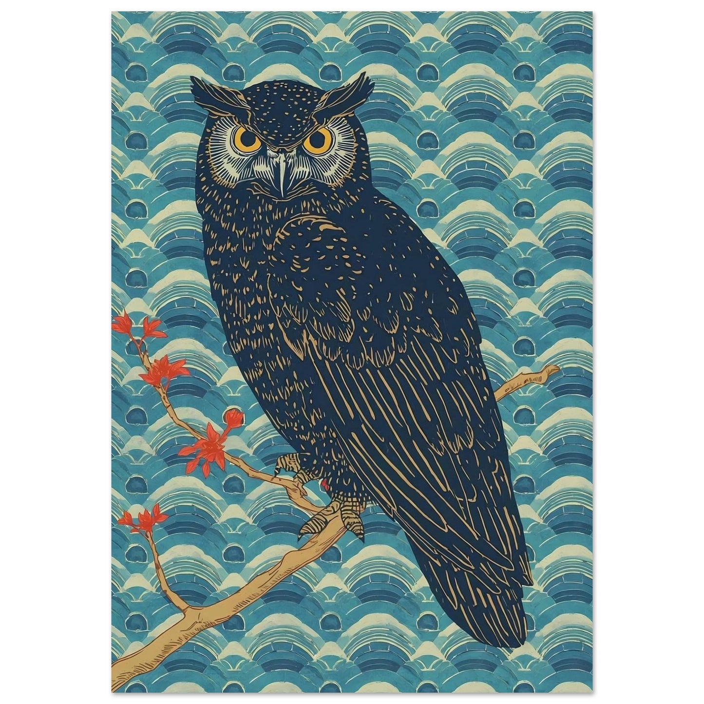 Night Watch Owl Japanese Art Wall Poster A1 (59.4 x 84.1 cm)