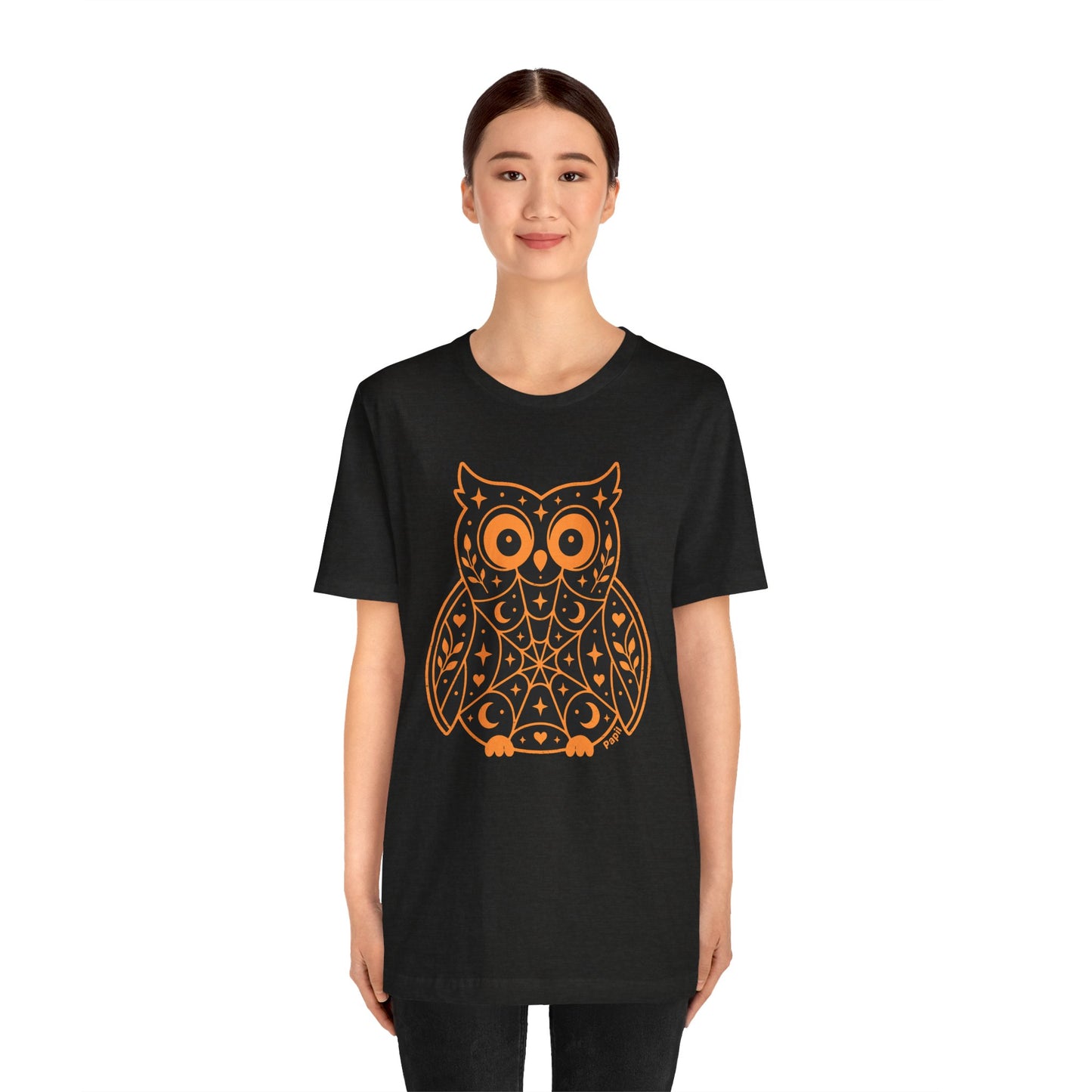 Enchanted Owl Halloween Tee, Whimsical Woodland Graphic (Black)