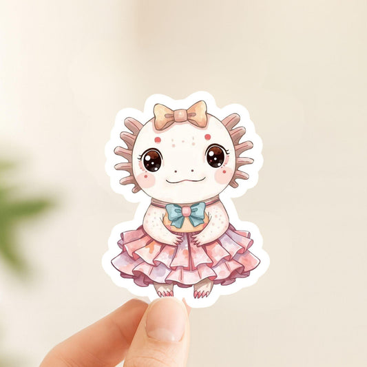 Axolotl Ballerina Pink Tutu | Kawaii | White Gloss Vinyl | Die-Cut Sticker