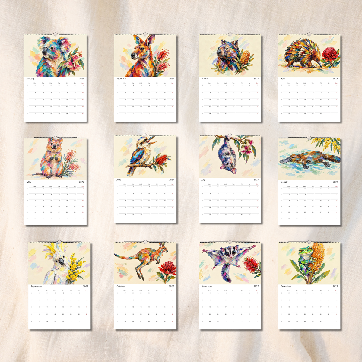 Australian Animals 2027 Wall Calendar | A3 UK Edition Colourful Painted Native Wildlife Calendar